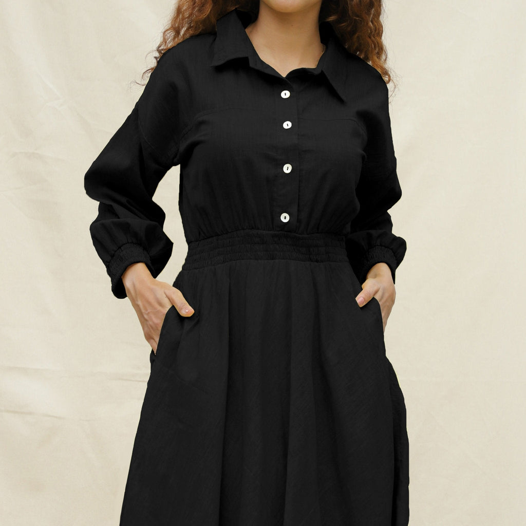 Black Cotton Button-Down Yoked Maxi Dress
