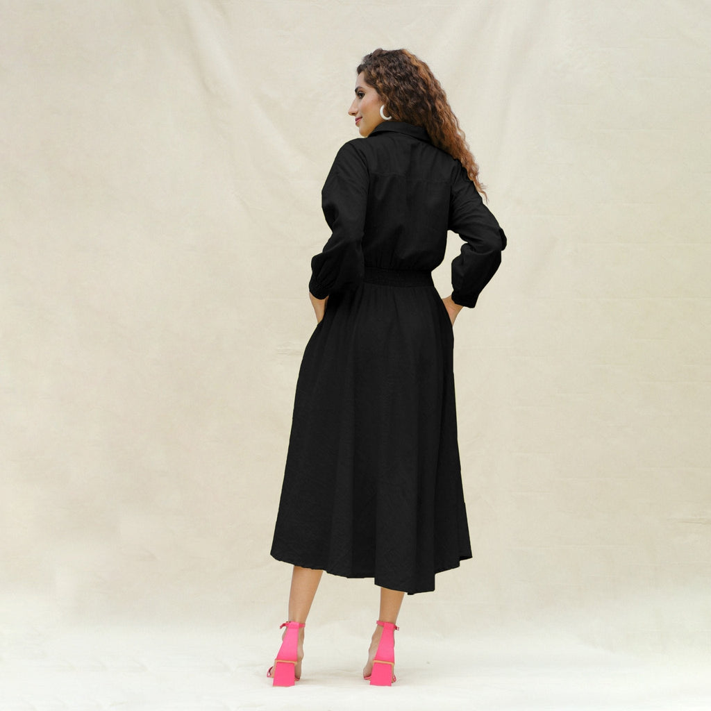 Black Cotton Button-Down Yoked Maxi Dress