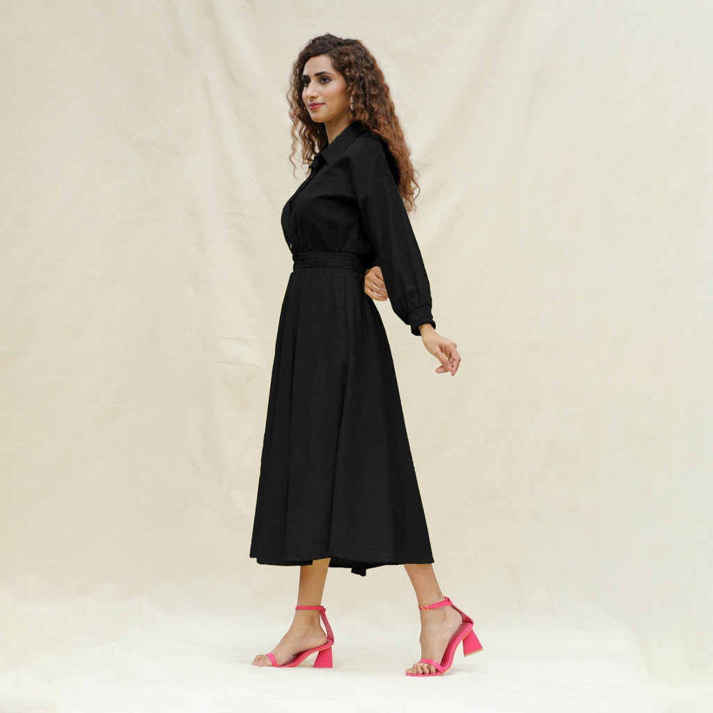 Black Cotton Button-Down Yoked Maxi Dress