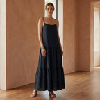 Black Cotton Drop-Waist Camisole Maxi Tier Dress