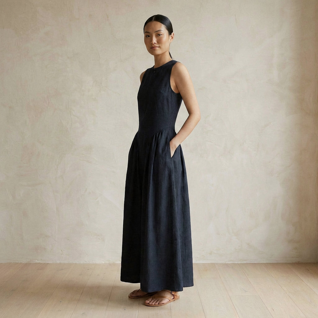 Black Cotton Flannel Sleeveless Paneled Maxi Dress