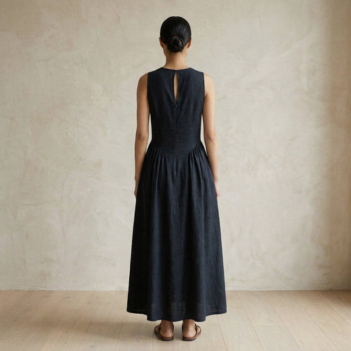 Black Cotton Flannel Sleeveless Paneled Maxi Dress