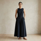Black Cotton Flannel Sleeveless Paneled Maxi Dress