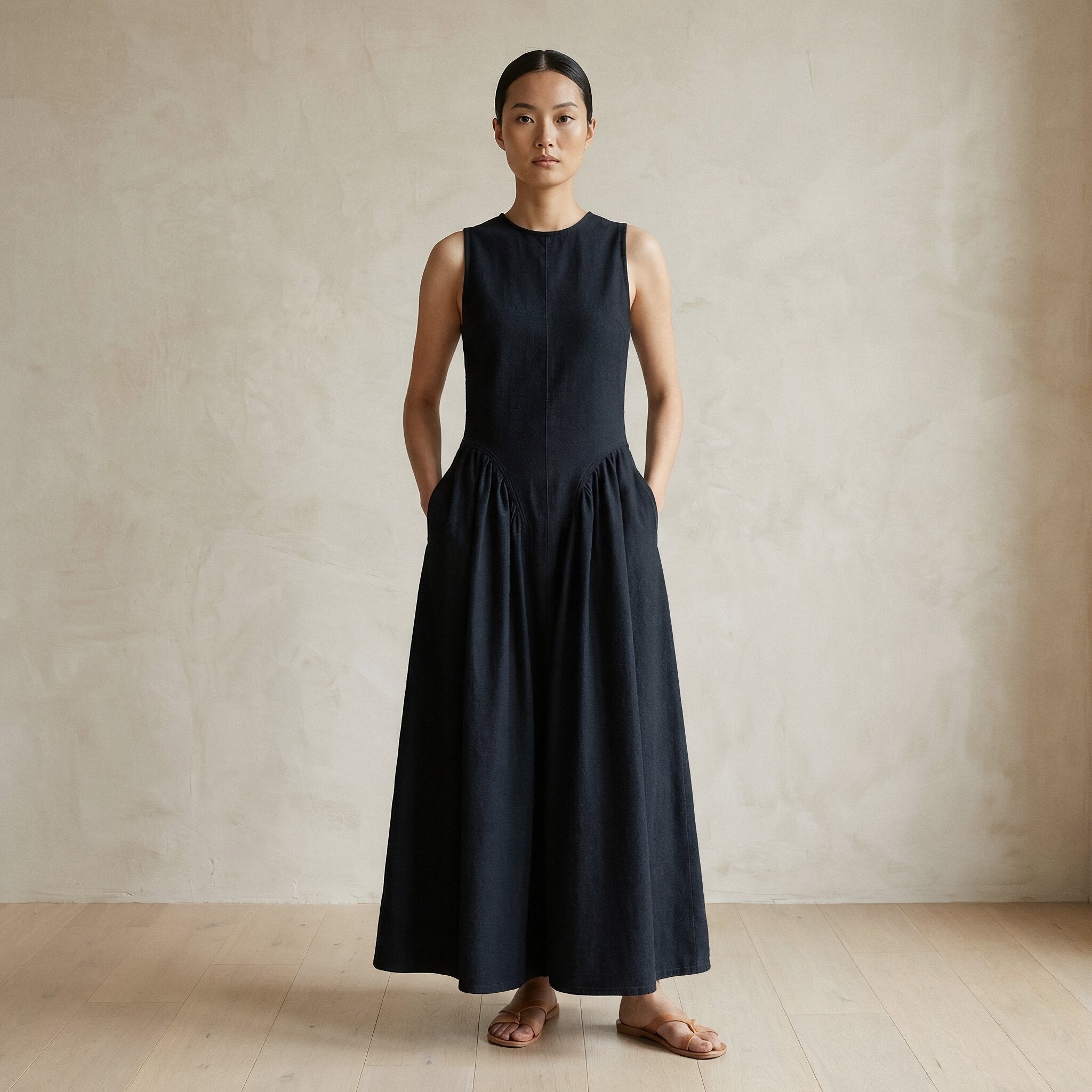 Black Cotton Flannel Sleeveless Paneled Maxi Dress