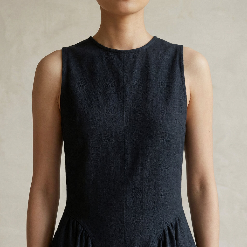 Black Cotton Flannel Sleeveless Paneled Maxi Dress