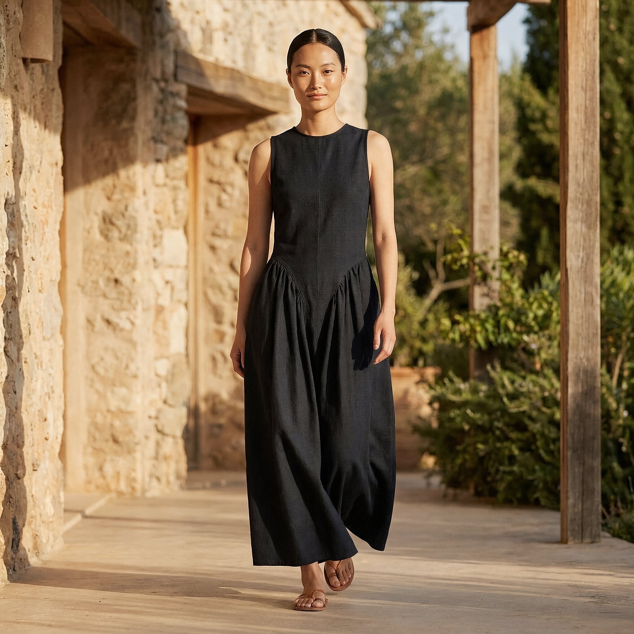 Black Cotton Flannel Sleeveless Paneled Maxi Dress