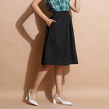 Black Cotton Flared Elasticated Knee Length Skirt