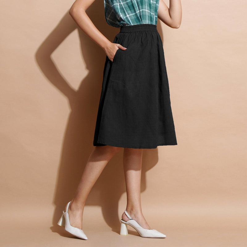Black Cotton Flared Elasticated Knee Length Skirt