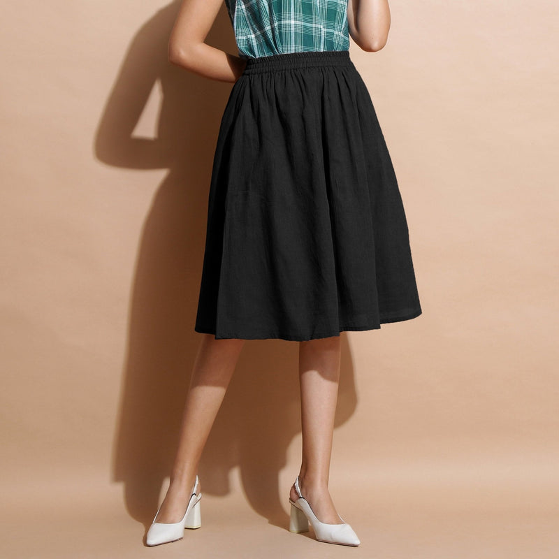 Black Cotton Flared Elasticated Knee Length Skirt