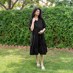 Black Cotton Flax A-Line Knee Length Pre and Post Maternity Dress