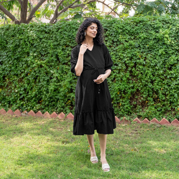 Black Cotton Flax A-Line Knee Length Pre and Post Maternity Dress