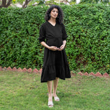 Black Cotton Flax A-Line Knee Length Pre and Post Maternity Dress