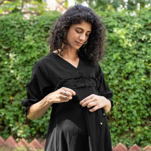 Black Cotton Flax A-Line Knee Length Pre and Post Maternity Dress
