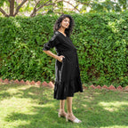 Black Cotton Flax A-Line Knee Length Pre and Post Maternity Dress