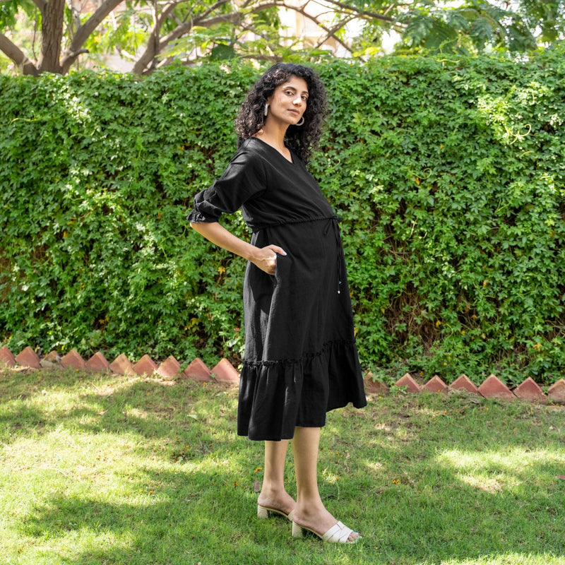 Black Cotton Flax A-Line Knee Length Pre and Post Maternity Dress