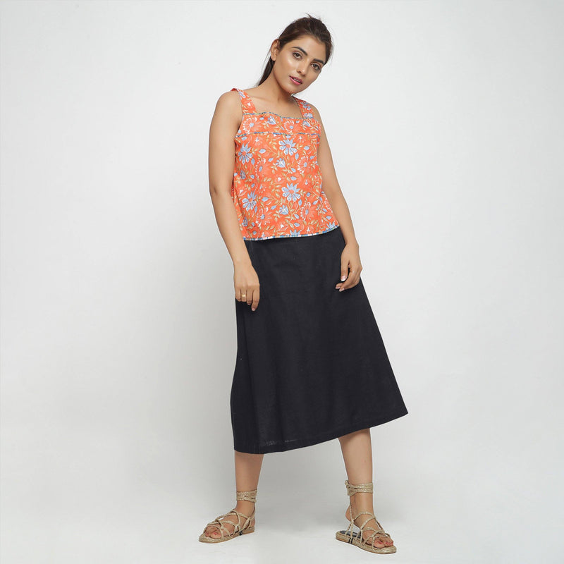 Front View of a Model wearing Black Cotton Flax A-Line Skirt