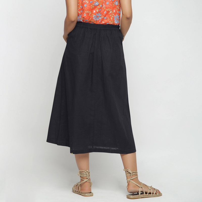Back View of a Model wearing Black Cotton Flax A-Line Skirt