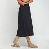 Right View of a Model wearing Black Cotton Flax A-Line Skirt