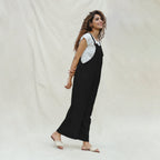 Black Cotton Flax Ankle Length Dungaree Jumpsuit