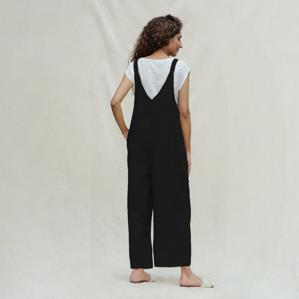 Black Cotton Flax Ankle Length Dungaree Jumpsuit
