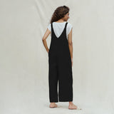Black Cotton Flax Ankle Length Dungaree Jumpsuit
