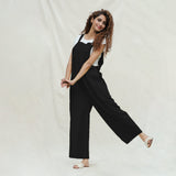 Black Cotton Flax Ankle Length Dungaree Jumpsuit