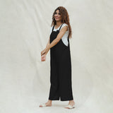 Black Cotton Flax Ankle Length Dungaree Jumpsuit