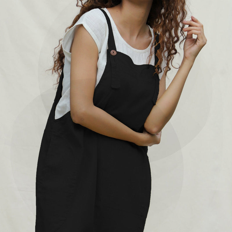 Black Cotton Flax Ankle Length Dungaree Jumpsuit