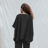 Black Cotton Flax Boat Neck Short Kaftan Top