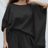 Black Cotton Flax Boat Neck Short Kaftan Top