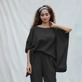 Black Cotton Flax Boat Neck Short Kaftan Top