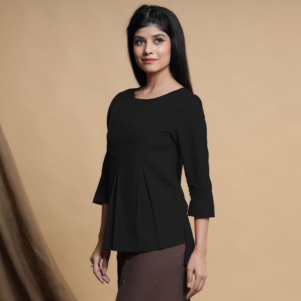 Black Cotton Flax Box-Pleated High Low Top
