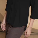 Black Cotton Flax Box-Pleated High Low Top