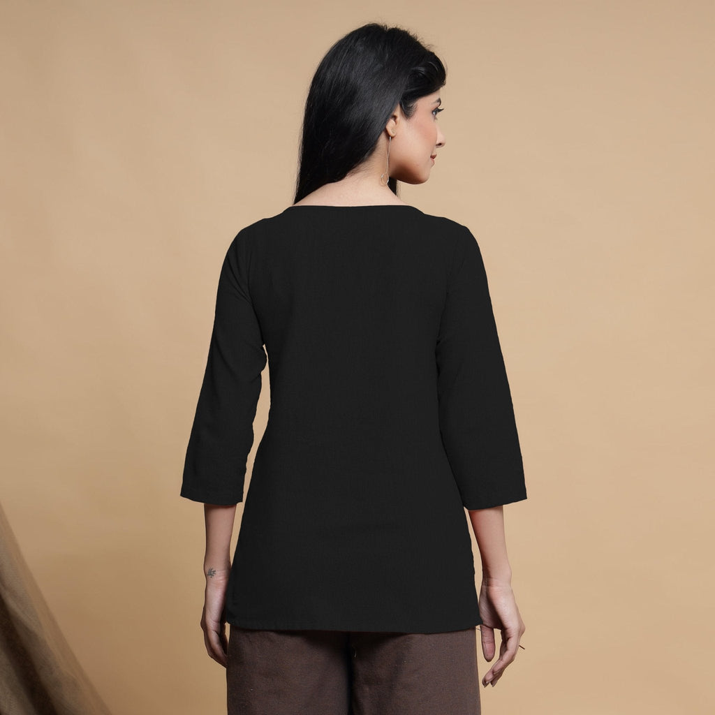 Black Cotton Flax Box-Pleated High Low Top