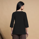 Black Cotton Flax Box-Pleated High Low Top