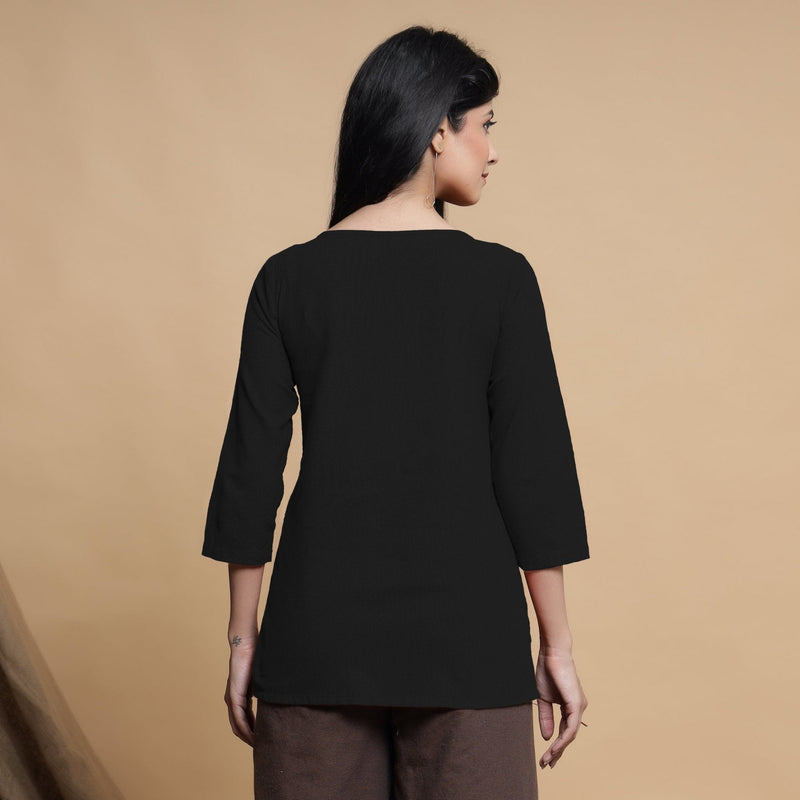 Black Cotton Flax Box-Pleated High Low Top
