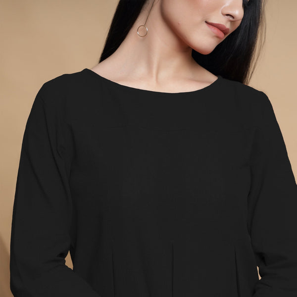 Black Cotton Flax Box-Pleated High Low Top