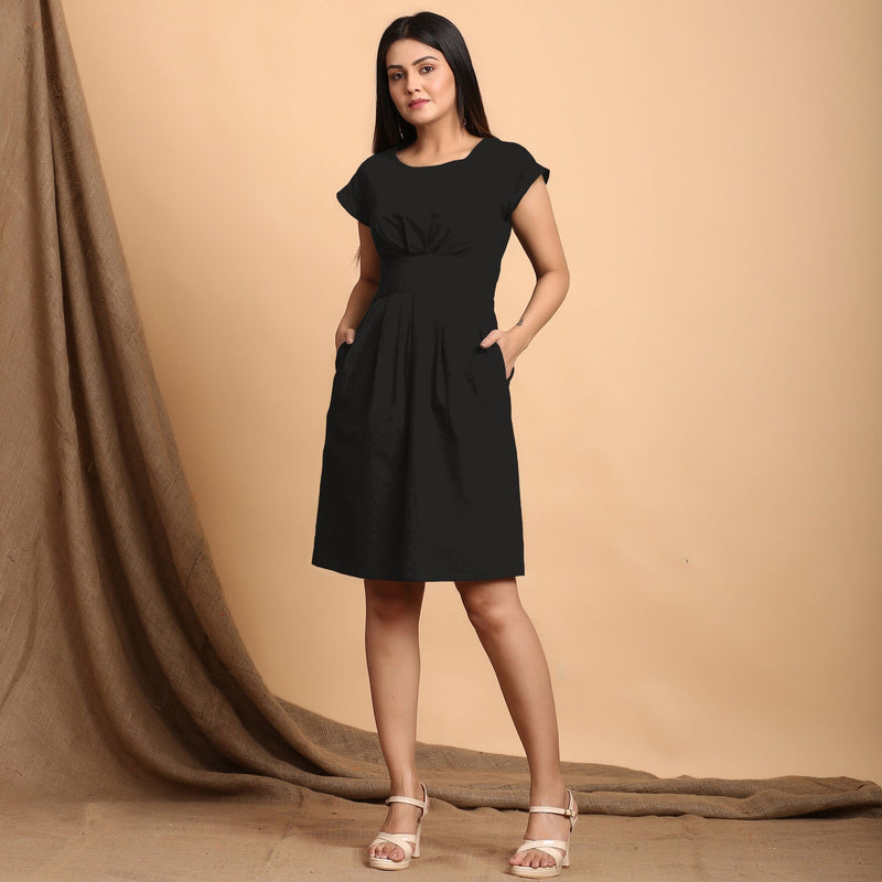 Black Cotton Flax Pleated Cap Sleeves Short Dress