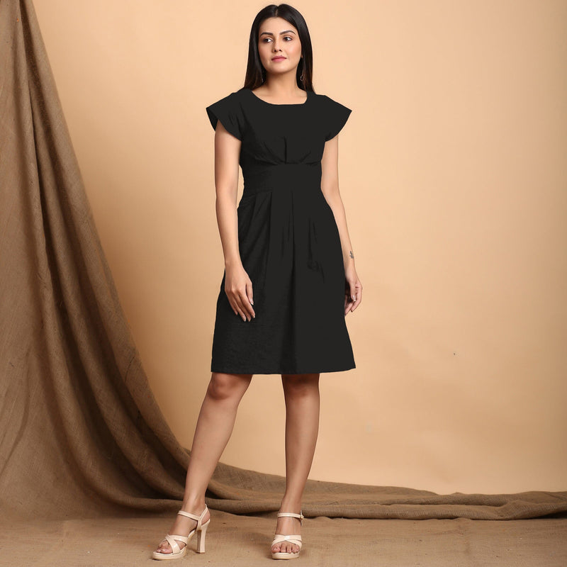 Black Cotton Flax Pleated Cap Sleeves Short Dress