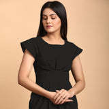 Black Cotton Flax Pleated Cap Sleeves Short Dress