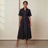 Black Cotton Flax Button-Down Pleated Midi Dress