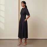 Black Cotton Flax Button-Down Pleated Midi Dress