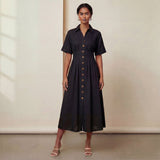 Black Cotton Flax Button-Down Pleated Midi Dress