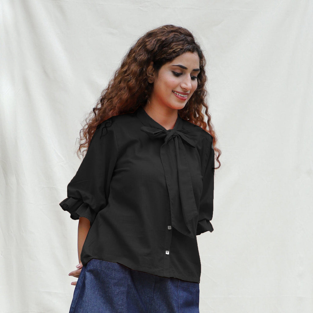 Black Cotton Flax Button-Down Shirt