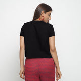 Black Cotton Flax Button-Down Short Sleeves Shirt