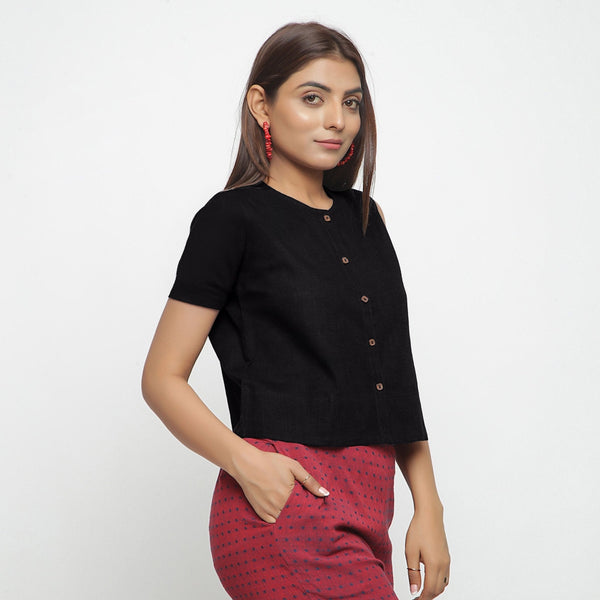 Black Cotton Flax Button-Down Short Sleeves Shirt
