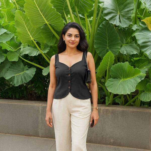 Black Cotton Flax Button-Down Sweetheart Neck Waistcoat