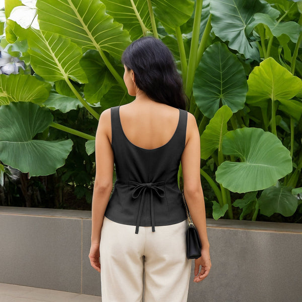 Black Cotton Flax Button-Down Sweetheart Neck Waistcoat