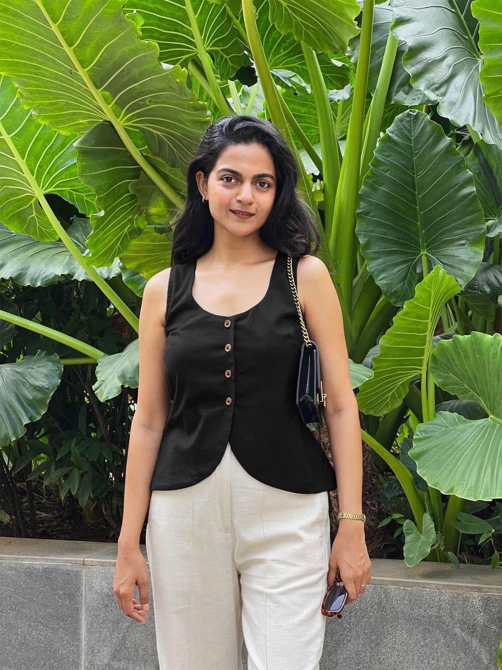 Black Cotton Flax Button-Down Waistcoat