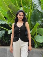 Black Cotton Flax Button-Down Waistcoat